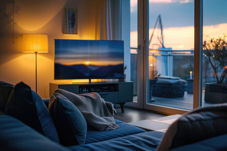 Relaxing Living Room Ambiance with Sunset View and Warm Lightingの素材