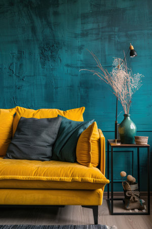 Modern Living Room Corner with Bright Yellow Couch and Teal Wallの素材