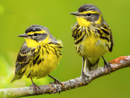 Two Vibrant Yellow Warblers Perched on a Branch in Natureの素材