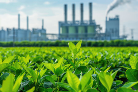 Contrast of Nature and Industry with Power Plant and Green Foliageの素材