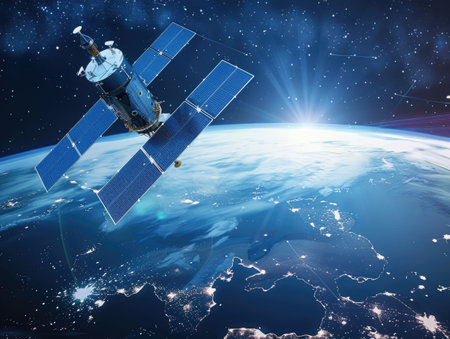 Satellite Orbiting Earth in Space with Sunlightの素材