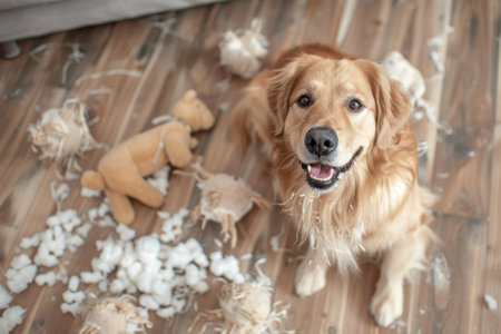 Joyful Golden Retriever in a Playful Mess with Cotton Stuffingの素材