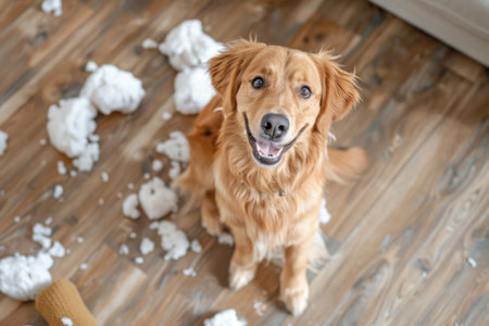Joyful Golden Retriever in a Playful Mess with Cotton Stuffingの素材