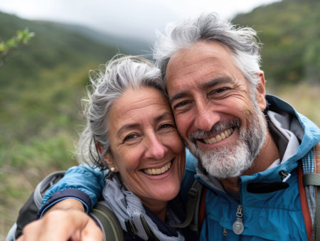 Happy Senior Couple Taking a Selfie on a Hikeの素材