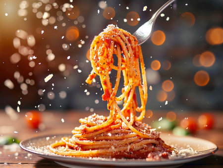 Twirling Spaghetti on a Fork with Tomato Sauce and Cheeseの素材