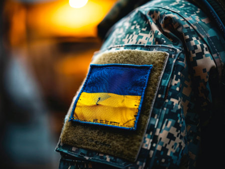 Military Patch of Ukrainian Flag on Uniformの素材