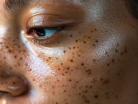 Close-up of Woman with Freckles and Dewy Skinの素材