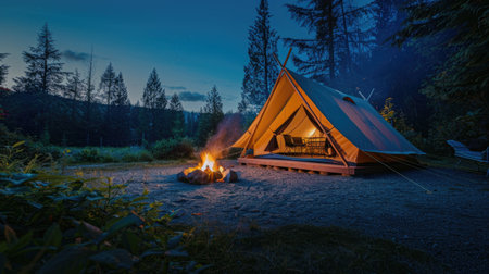 Cozy A-Frame Tent Under Starlit Sky by a Campfire in a Forest Campsiteの素材