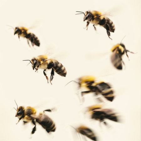 multiple bees in various flight positions, with their wings blurred to suggest rapid movement, against a white backgroundの素材