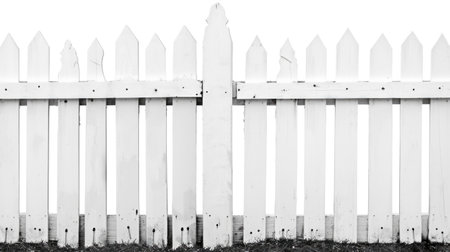 A simple white picket fence, straight on view, depicting the traditional boundary marker, again on a white backgroundの素材
