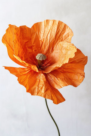 A vibrant orange poppy flower with delicate, crinkled petals and a detailed, intricate center, photographed with high clarity against a white backdropの素材