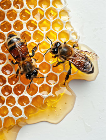 Two bees on a honeycomb, one of them in flight, with golden honey visible in the cells of the comb, set against a white backgroundの素材
