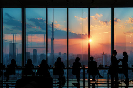 A silhouette of a business team in an office with a large window overlooking a cityscape. The image captures the team in various postures of interaction and collaborationの素材
