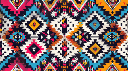 a vibrant, geometric ethnic textile pattern with a seamless ornamental background. This kind of pattern typically features repeating geometric shapes in bold colors and is often seen in woven textiles, rugs, and garmentsの素材