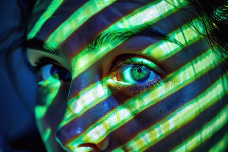 an artistic and abstract portrayal of a person's eyes with a green striped pattern projected onto the face, creating a surreal and mesmerizing effectの素材