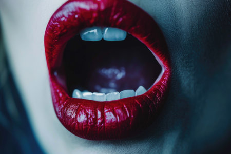An extreme close-up of a mouth with red lipstick in a partially open position, possibly denoting speech, seduction, or a moment of surpriseの素材