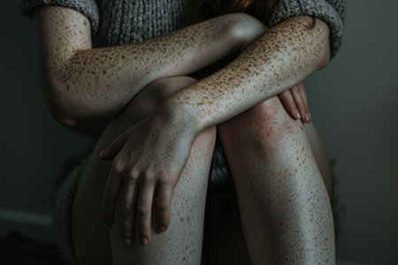 A person holding their knees close to their chest, with their arms wrapped around their legs, displaying skin with a multitude of frecklesの素材