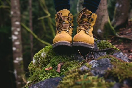 A person's hiking boots on a moss-covered rock, suggesting an outdoor activity or adventureの素材