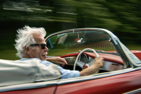 An individual driving a classic convertible car, captured from the passenger's perspective, focusing on the flowing white hair and sunglassesの素材
