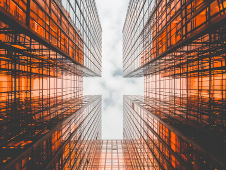A low-angle view of two high-rise buildings with reflective glass facades that glow in an orange hue, creating a striking contrast against the sky in the narrow space between themの素材