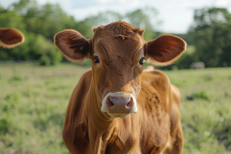 A cow in a field looking directly at the camera, with a playful and curious expressionの素材