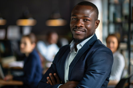 A professional African American business leader looking directly at the camera with a pleasant smile, with colleagues working in the backgroundの素材