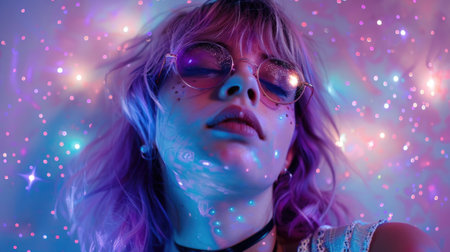 a woman with purple hair and futuristic eyewear against a backdrop sprinkled with stars. The eyewear and cosmic setting give a science fiction vibe, perhaps portraying an image of a future human or an extraterrestrial beingの素材