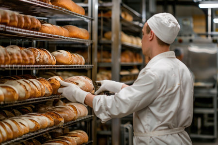 A bakery worker handling bread: A man in a white coat and oven mitts is taking freshly baked loaves out of an industrial oven, surrounded by racks of breadの素材