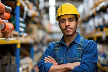 Hardware store employee: A confident-looking Hispanic man in a blue overall and a yellow safety helmet is standing with crossed arms in a store, with shelving containing various goods in the background, suggesting he might be the storekeeper or a workerの素材