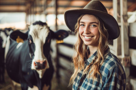 A smiling female professional farmer standing near cows at a farm, which conveys a sense of agricultural life and the care of livestockの素材