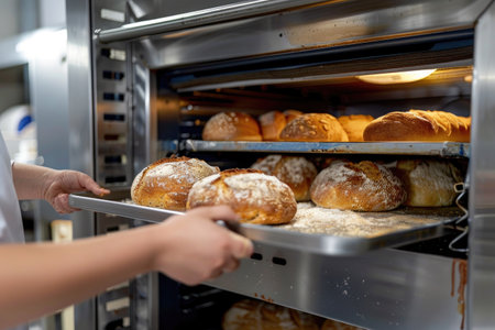 A professional baker is seen taking out freshly baked bread from an oven in a small bakery, showcasing the baking process and the freshness of the produceの素材