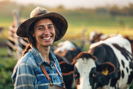 A smiling female professional farmer standing near cows at a farm, which conveys a sense of agricultural life and the care of livestockの素材