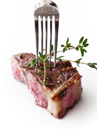 a piece of meat, specifically a saddle of lamb, with thyme garnish on top, pierced by a fork. This is isolated against a white background, highlighting the pink, cooked interior of the lambの素材