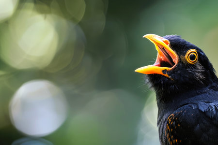 a portrait of a Hill Myna (Gracula religiosa), a bird known for its ability to mimic sounds. The Myna is perched, and its mouth is open as if it's vocalizing or callingの素材