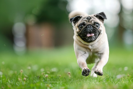 a pug dog captured mid-run across a green meadow. The dog's facial expression is lively and joyful, and its movement suggests energy and funの素材