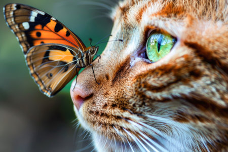 a close-up of a cat's face, with a butterfly resting on its nose. The cat has striking green eyes and a playful expression, suggesting a moment of surprise or curiosityの素材
