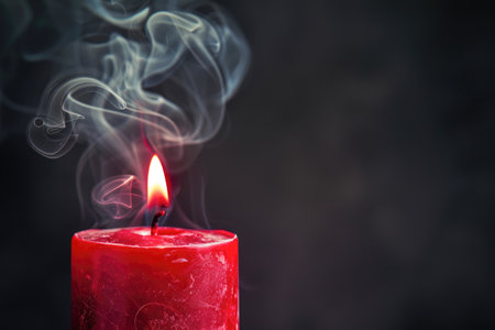 A red candle with a smoking wick, the smoke curling and drifting upwards against a dark background, which creates a dramatic and moody atmosphereの素材