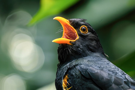 a portrait of a Hill Myna (Gracula religiosa), a bird known for its ability to mimic sounds. The Myna is perched, and its mouth is open as if it's vocalizing or callingの素材
