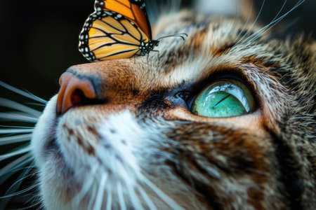 a close-up of a cat's face, with a butterfly resting on its nose. The cat has striking green eyes and a playful expression, suggesting a moment of surprise or curiosityの素材