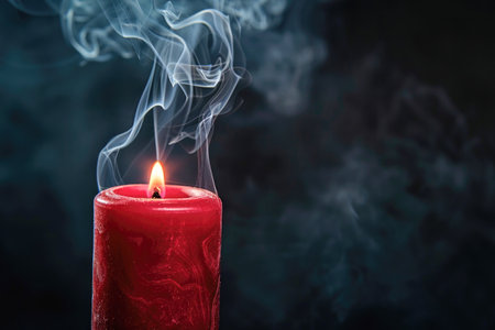 A red candle with a smoking wick, the smoke curling and drifting upwards against a dark background, which creates a dramatic and moody atmosphereの素材
