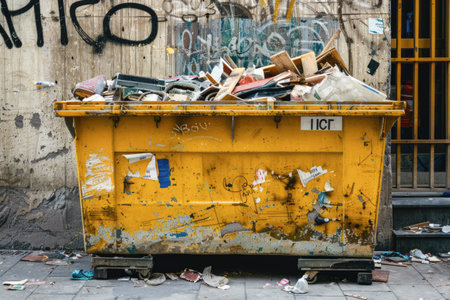 A worn-out yellow construction waste container filled with various discarded materials, likely from a building or renovation site, set against an urban backdropの素材