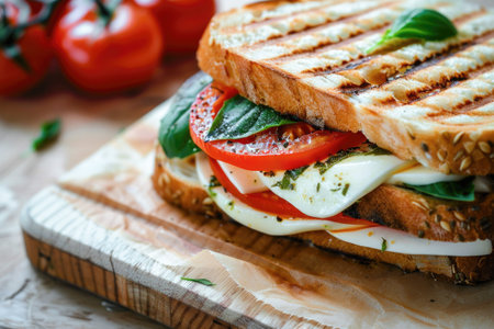 A pressed and toasted panini sandwich with slices of tomato, mozzarella cheese, and fresh basil, likely representing a delicious Italian-style sandwich known as Capreseの素材