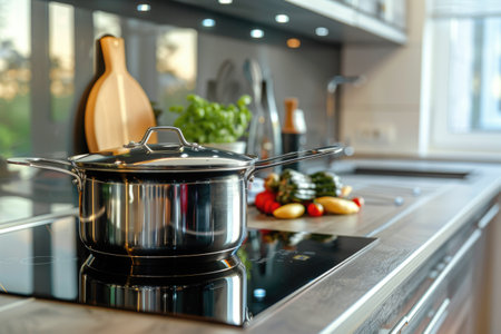 A modern cooking pot with a chrome-plated lid on an induction cooktop, which appears to be in a contemporary kitchen with an extractor fan visible in the backgroundの素材