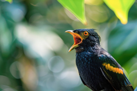 a portrait of a Hill Myna (Gracula religiosa), a bird known for its ability to mimic sounds. The Myna is perched, and its mouth is open as if it's vocalizing or callingの素材