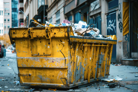 A worn-out yellow construction waste container filled with various discarded materials, likely from a building or renovation site, set against an urban backdropの素材