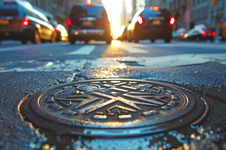A close-to-ground view of a manhole cover on a street, with cars in morning traffic congestion blurred in the background, indicating a typical urban scene during rush hourの素材