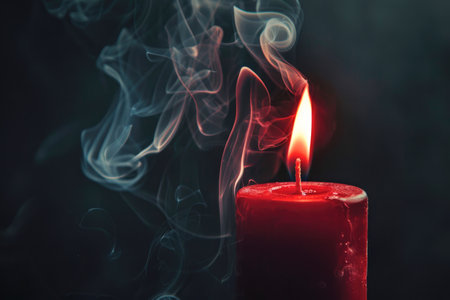 A red candle with a smoking wick, the smoke curling and drifting upwards against a dark background, which creates a dramatic and moody atmosphereの素材