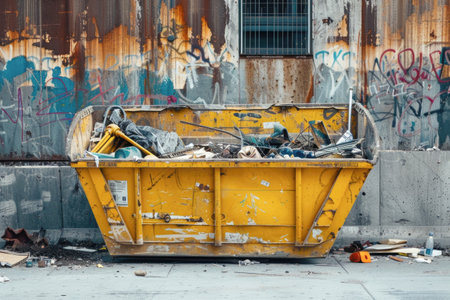 A worn-out yellow construction waste container filled with various discarded materials, likely from a building or renovation site, set against an urban backdropの素材