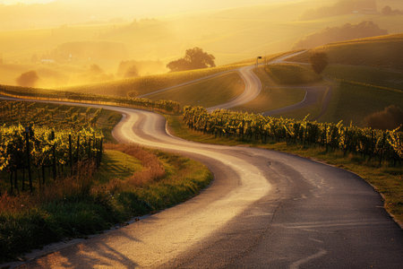 A winding road in what looks to be a German vineyard during sunrise or sunset, with the light creating a warm glow on the road surface and the surrounding landscapeの素材