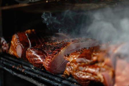 A close-up of freshly smoked ham in a smokehouse, the smoke curling around the meat which implies the traditional method of smoking for flavor enhancement and preservationの素材